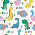 Vector hand-drawn seamless childish pattern with cute dinosaurs. Kids texture for fabric, wrapping, textile, wallpaper