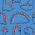 Vector hand-drawn seamless childish pattern with cute dinosaurs. Kids texture for fabric, wrapping, textile, wallpaper