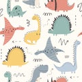 Vector hand-drawn seamless childish pattern with cute dinosaurs. Kids texture for fabric, wrapping, textile, wallpaper