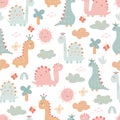 Vector hand-drawn seamless childish pattern with cute dinosaurs. Kids texture for fabric, wrapping, textile, wallpaper