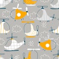 Vector hand-drawn seamless childish pattern with cute flying helicopters and clouds on a gray background. Kids texture