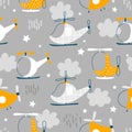 Vector hand-drawn seamless childish pattern with cute flying helicopters, stars and clouds on a gray background. Kids