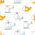 Vector hand-drawn seamless childish pattern with cute flying helicopters on a white background. Kids texture for fabric