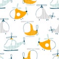 Vector hand-drawn seamless childish pattern with cute flying helicopters on a white background. Kids texture for fabric