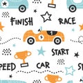 Vector hand-drawn seamless childish pattern with cute retro racing cars on a white background. Kids texture for fabric Royalty Free Stock Photo