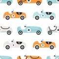 Vector hand-drawn seamless childish pattern with cute retro racing cars on a white background. Kids texture for fabric