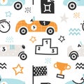 Vector hand-drawn seamless childish pattern with cute retro racing cars on a white background. Kids texture for fabric Royalty Free Stock Photo