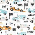 Vector Hand-drawn Seamless Childish Pattern With Cute Retro Racing Cars On A White Background. Kids Texture For Fabric