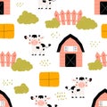 Vector hand-drawn seamless childish simple pattern with cute cows. Farm pattern. Cute landscape background with cows Royalty Free Stock Photo