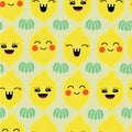 Vector hand drawn seamless kawaii pattern. Happy lemons with emotions, green leaves. Perfect for fabric, cute, japan