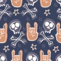 Vector hand drawn seamless patern. Skulls, bones, rock music symbols, stars. This is a cool creative design for young people, tee