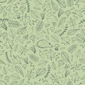 Vector hand drawn seamless pattern with autumn elements contours on green background