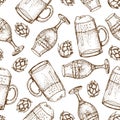 Vector hand drawn seamless pattern of beer glass mug. Hops and wheat. Isolated on white background. Graphic texture for restaurant Royalty Free Stock Photo