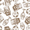 Vector hand drawn seamless pattern of beer glass mug and soccer ball. Isolated on white background. Royalty Free Stock Photo