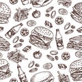 Vector hand drawn seamless pattern of burgers, french fries, sandwich, tomato and onion.