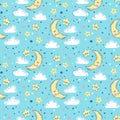 Vector hand drawn seamless pattern. Cute background with sleeping smiling moon, stars, clouds. Night sky, baby print in Royalty Free Stock Photo