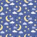 Vector hand drawn seamless pattern. Cute background with sleeping smiling moon, stars, clouds. Night sky, baby print in Royalty Free Stock Photo