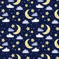 Vector hand drawn seamless pattern. Cute background with sleeping smiling moon, stars, clouds. Night sky, baby print in Royalty Free Stock Photo