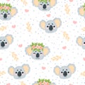 Vector hand drawn seamless pattern with cute koala bear face in cartoons style on white background with dots and leaves. Repeated