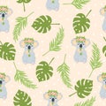 Vector hand drawn seamless pattern with cute koala bear with flower wreath eating eucalyptus leaf on begie background with tropica Royalty Free Stock Photo