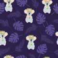 Vector hand drawn seamless pattern with cute koala bear with flower wreath eating eucalyptus leaf on dark blue background with tro