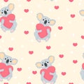 Vector hand drawn seamless pattern with cute koala bear hugging pillow with heart shape in cartoons style on begie background with Royalty Free Stock Photo