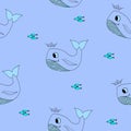 Vector hand drawn seamless pattern with cute smiling whale,simple flat illustration,print for kids,baby fashion,textile