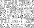 Vector hand drawn seamless pattern, decorative stylized black and white childish houses. Doodle sketch style, graphic illustration Royalty Free Stock Photo