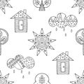 Vector hand drawn seamless pattern, decorative stylized black and white childish houses, trees, sun, cloud. Doodle sketch style, g