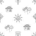 Vector hand drawn seamless pattern, decorative stylized black and white childish houses, trees, sun, cloud. Doodle sketch style, g