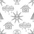 Vector hand drawn seamless pattern, decorative stylized black and white childish houses, trees, sun, cloud. Doodle sketch style, g Royalty Free Stock Photo