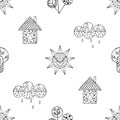 Vector hand drawn seamless pattern, decorative stylized black and white childish houses, trees, sun, cloud. Doodle sketch style, g Royalty Free Stock Photo