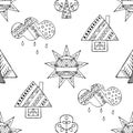 Vector hand drawn seamless pattern, decorative stylized black and white childish houses, trees, sun, cloud. Doodle sketch style, g Royalty Free Stock Photo