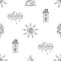 Vector hand drawn seamless pattern, decorative stylized black and white childish houses, trees, sun, cloud. Doodle sketch style, g Royalty Free Stock Photo