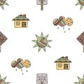 Vector hand drawn seamless pattern, decorative stylized childish house, tree, sun, cloud, rain Doodle style, graphic illustration