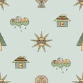 Vector hand drawn seamless pattern, decorative stylized childish house, tree, sun, cloud, rain Doodle style, graphic illustration