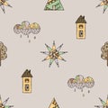 Vector hand drawn seamless pattern, decorative stylized childish house, tree, sun, cloud, rain Doodle style, graphic illustration