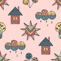 Vector hand drawn seamless pattern, decorative stylized childish house, tree, sun, cloud, rain Doodle style, graphic illustration