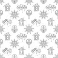 Vector hand drawn seamless pattern, decorative stylized childish house, tree, sun, cloud, rain Doodle style, graphic illustration Royalty Free Stock Photo