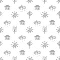 Vector hand drawn seamless pattern, decorative stylized childish house, tree, sun, cloud, rain Doodle style, graphic illustration Royalty Free Stock Photo