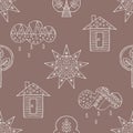 Vector hand drawn seamless pattern, decorative stylized childish house, tree, sun, cloud, rain Line drawing Doodle style, graphic