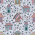 Vector hand drawn seamless pattern decorative stylized childish houses Doodle style, graphic illustration Ornamental cute