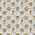 Vector hand drawn seamless pattern, decorative stylized childish houses Doodle style, graphic illustration Ornamental cute hand dr Royalty Free Stock Photo