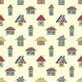 Vector hand drawn seamless pattern, decorative stylized childish houses Doodle style, graphic illustration Ornamental cute hand dr Royalty Free Stock Photo