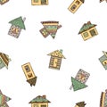 Vector hand drawn seamless pattern, decorative stylized childish houses Doodle style, graphic illustration Ornamental cute hand dr Royalty Free Stock Photo