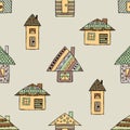 Vector hand drawn seamless pattern, decorative stylized childish houses Doodle style, graphic illustration Ornamental cute hand dr Royalty Free Stock Photo