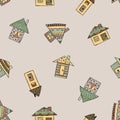 Vector hand drawn seamless pattern, decorative stylized childish houses Doodle style, graphic illustration Ornamental cute hand dr Royalty Free Stock Photo