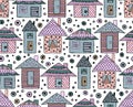 Vector hand drawn seamless pattern, decorative stylized childish houses Doodle style, graphic illustration Ornamental cute hand dr Royalty Free Stock Photo