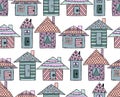 Vector hand drawn seamless pattern, decorative stylized childish houses Doodle style, graphic illustration Ornamental cute hand dr Royalty Free Stock Photo