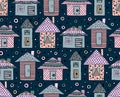 Vector hand drawn seamless pattern, decorative stylized childish houses Doodle style, graphic illustration Ornamental cute hand dr Royalty Free Stock Photo